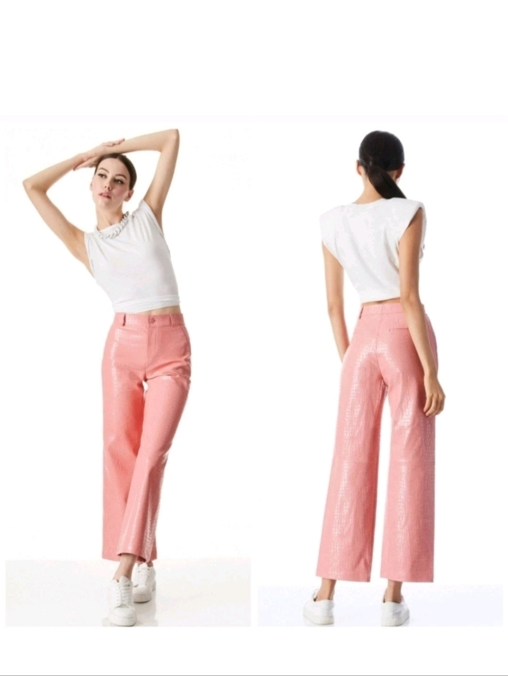 Alice + Olivia Pink Croc-Embossed Wide-Leg Pants Size 6 - Picture 3 of 13
